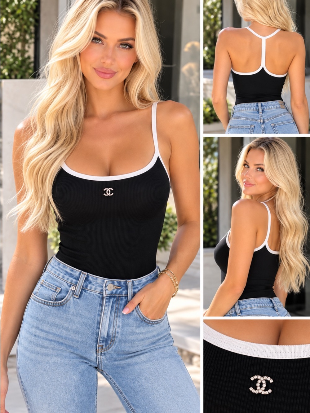 Black Ribbed Contrast-Trim Bodysuit with Signature rhinestone logo